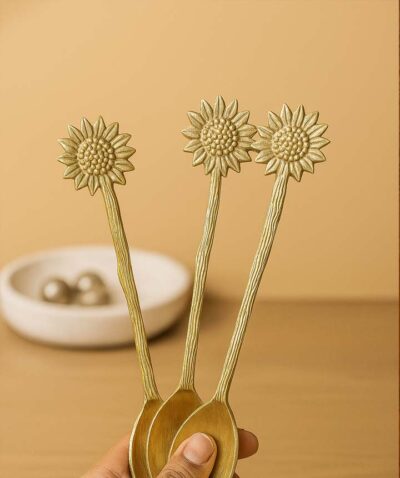 Golden Sunflower Brass Spoon Set – 4 Pieces