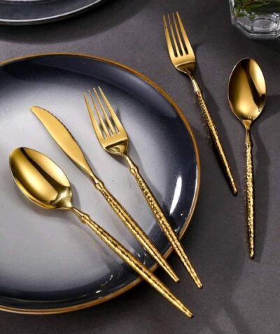 Royal Luxe Hammered Gold Cutlery Set – 5 Pieces